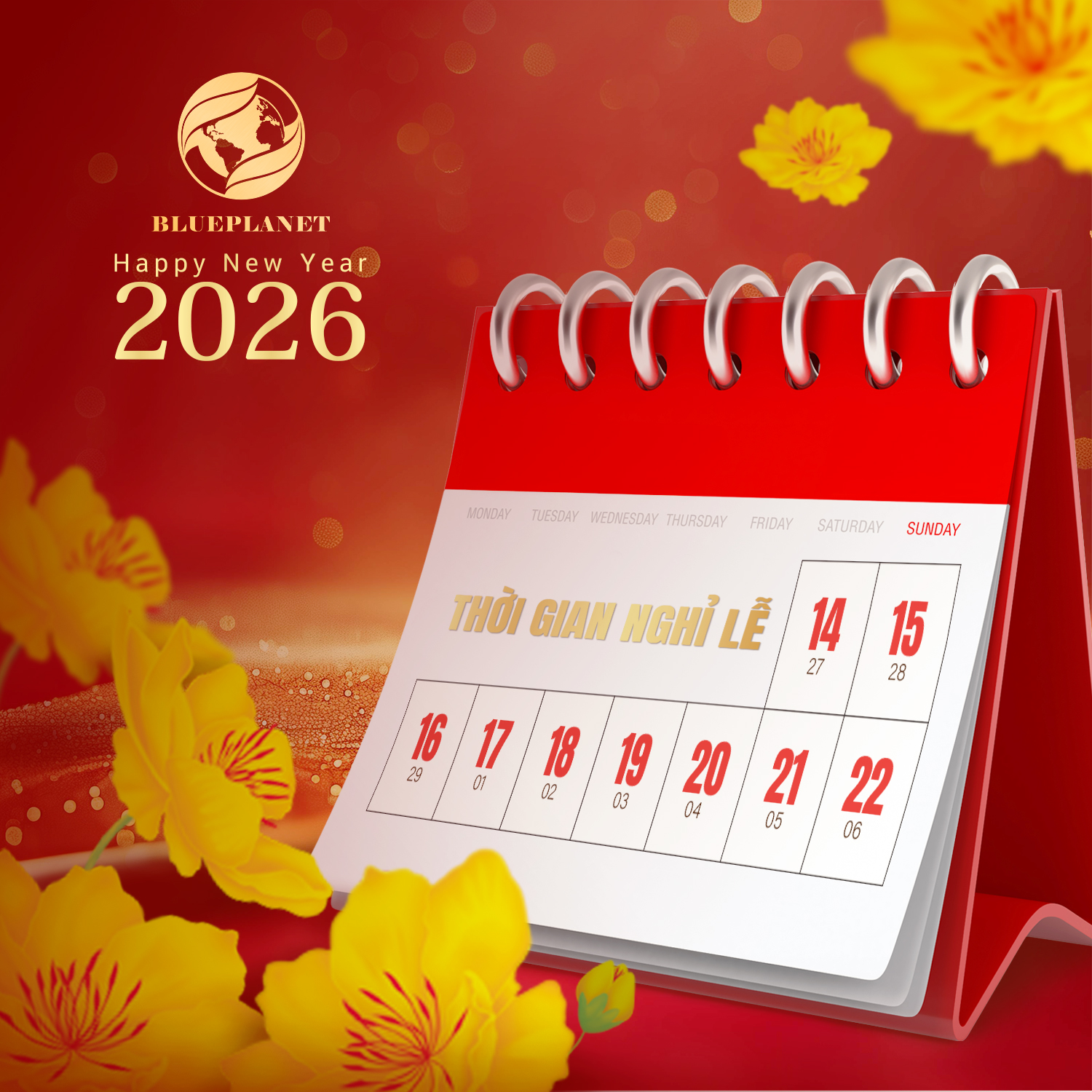 Lịch nghỉ Tết Nguyên Đán - Xuân Bính Ngọ 2026 của BluePlanet