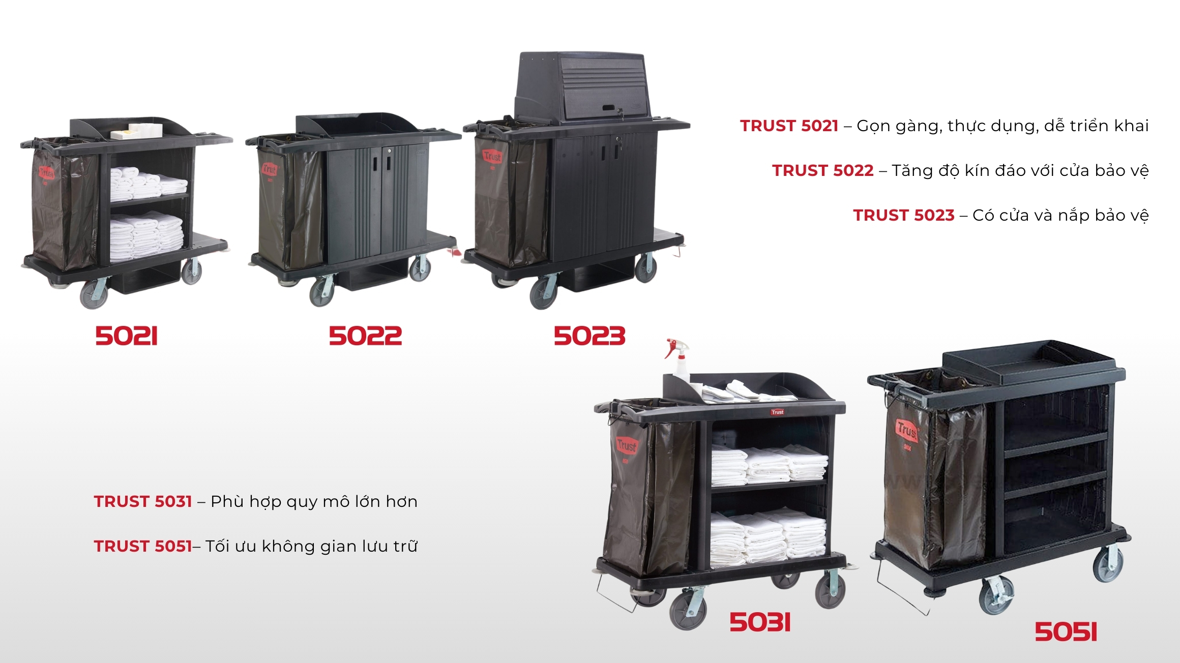Dòng xe dọn phòng TRUST có nhiều model để doanh nghiệp lựa chọn