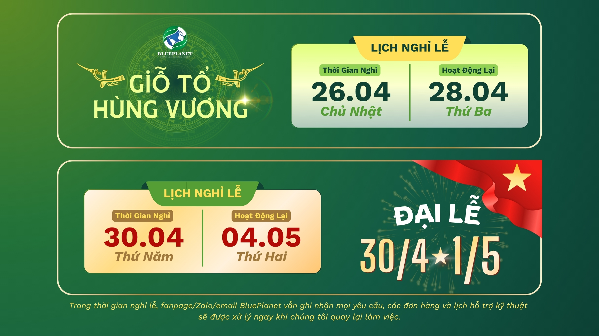 BluePlanet xin trân trọng thông báo đến Quý Khách hàng và Quý Đối tác lịch nghỉ lễ